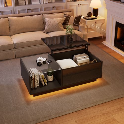 Table Basse, LED Intégrée Et Rangement Discret, Plateau Ajustable En Hauteur, Noir