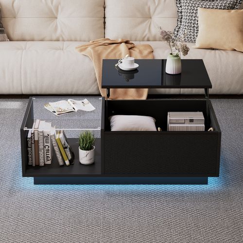 Table Basse, LED Intégrée Et Rangement Discret, Plateau Ajustable En Hauteur, Noir