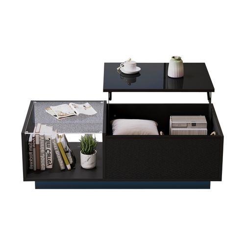 Table Basse, LED Intégrée Et Rangement Discret, Plateau Ajustable En Hauteur, Noir