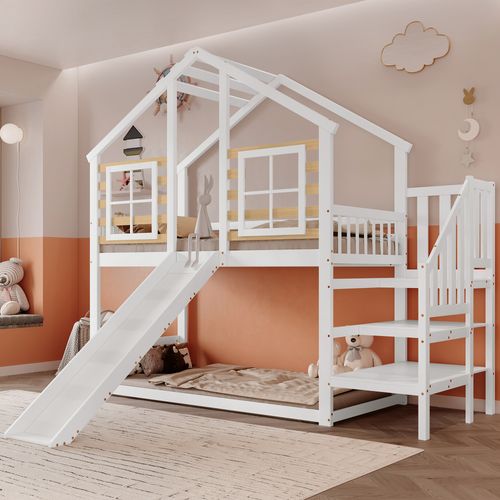 Lit Superposé 90x200 Cm Enfant, Échelle, Toboggan, Fenêtre, Balustrade Sécurité, Bois Et Mdf, Blanc