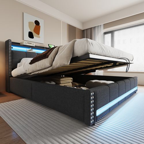 Lit Coffre Double 180x200 Cm - Rangement Et Éclairage LED Télécommandé, Prise USB, Lin Gris