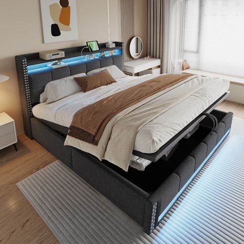 Lit Coffre Double 180x200 Cm - Rangement Et Éclairage LED Télécommandé, Prise USB, Lin Gris