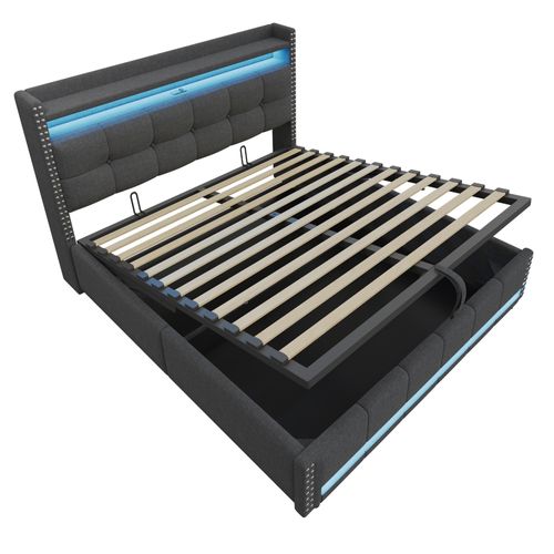 Lit Coffre Double 180x200 Cm - Rangement Et Éclairage LED Télécommandé, Prise USB, Lin Gris