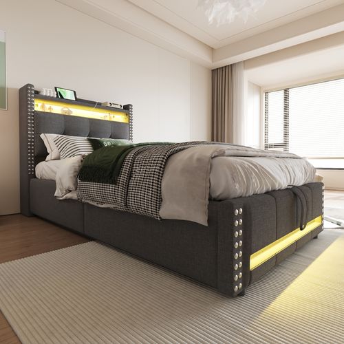 Lit Coffre 90x200 Cm - Lit Simple Avec Rangement Et Éclairage LED Télécommandé - Gris