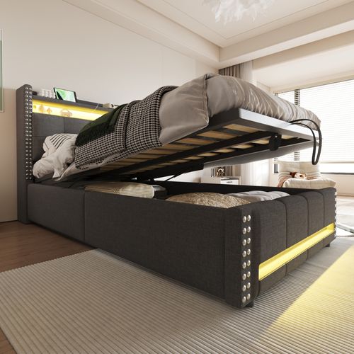 Lit Coffre 90x200 Cm - Lit Simple Avec Rangement Et Éclairage LED Télécommandé - Gris