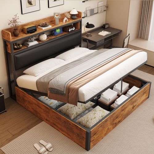 Lit Coffre Double 180x200 Cm - Rangement, Ports USB Type-c, Capitonné En Tissu, Métal Et Mdf, Noir