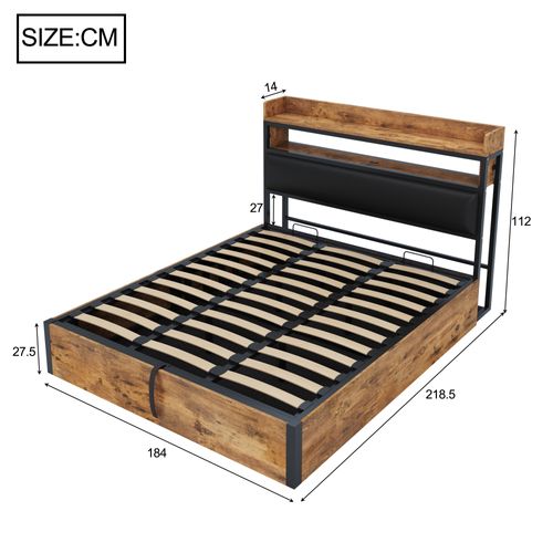 Lit Coffre Double 180x200 Cm - Rangement, Ports USB Type-c, Capitonné En Tissu, Métal Et Mdf, Noir