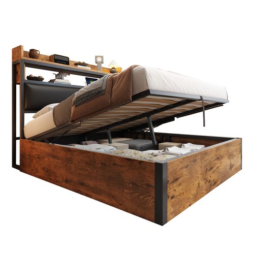 Lit Coffre Double 180x200 Cm - Rangement, Ports USB Type-c, Capitonné En Tissu, Métal Et Mdf, Noir