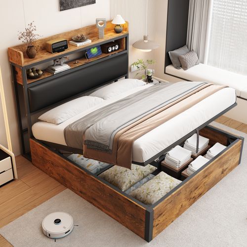 Lit Coffre Double 140x200 Cm - Rangement Spacieux, Tête Capitonnée, USB/type-c, Métal Et Mdf, Noir