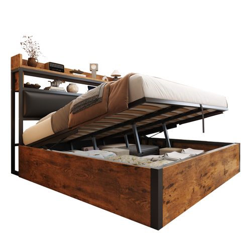 Lit Coffre Double 140x200 Cm - Rangement Spacieux, Tête Capitonnée, USB/type-c, Métal Et Mdf, Noir