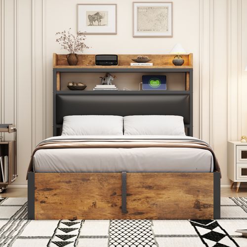 Lit Coffre 90x200 Cm - Lit Simple Avec Rangement Et Tête Capitonnée, Métal Et Mdf, Noir