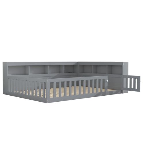 Lit Double 140x190 Cm - Rangement Et Barrière Ajustable - Mdf Et Panneaux De Particules - Gris