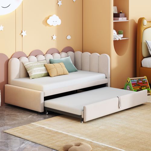 Lit Gigogne Enfant Velours 90x200 Cm - Rangement Et Lit Extensible, 2-en-1 Multifonction, Beige