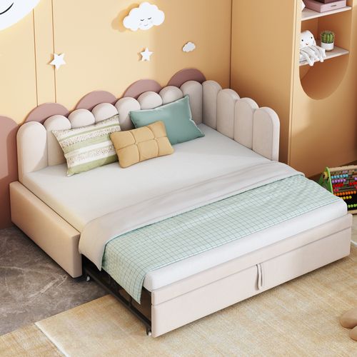Lit Gigogne Enfant Velours 90x200 Cm - Rangement Et Lit Extensible, 2-en-1 Multifonction, Beige
