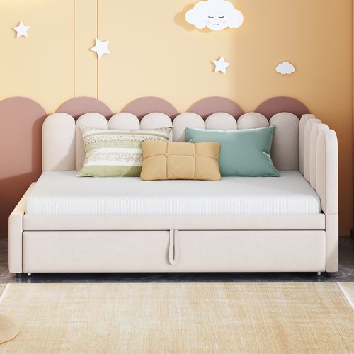 Lit Gigogne Enfant Velours 90x200 Cm - Rangement Et Lit Extensible, 2-en-1 Multifonction, Beige