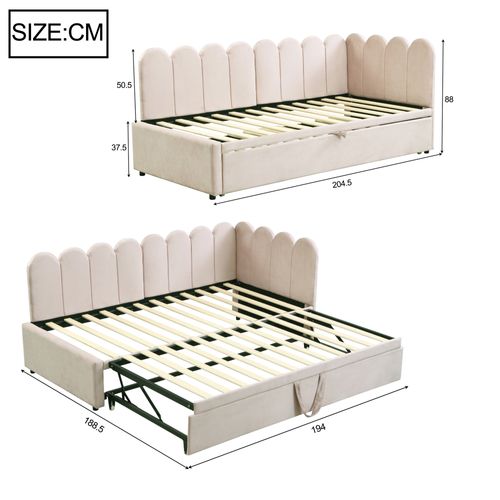 Lit Gigogne Enfant Velours 90x200 Cm - Rangement Et Lit Extensible, 2-en-1 Multifonction, Beige