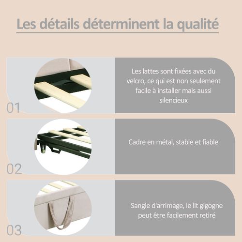 Lit Gigogne Enfant Velours 90x200 Cm - Rangement Et Lit Extensible, 2-en-1 Multifonction, Beige