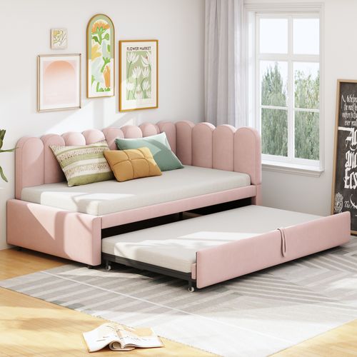 Lit Gigogne Enfant Velours 90x200 Cm – Rangement Et Lit Extensible 2-en-1, Multifonction, Rose