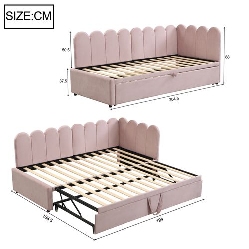 Lit Gigogne Enfant Velours 90x200 Cm – Rangement Et Lit Extensible 2-en-1, Multifonction, Rose
