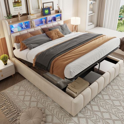 Lit Coffre Double 180×200 cm, Capitonné, Rangement Hydraulique, Tête De Lit LED, Tissu Lin, Beige