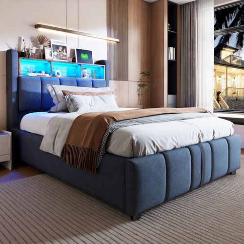 Lit Coffre Simple 90x200 Cm - Avec LED Et Port USB Intégré, Rangement Sous Le Lit, Tissu Lin Gris