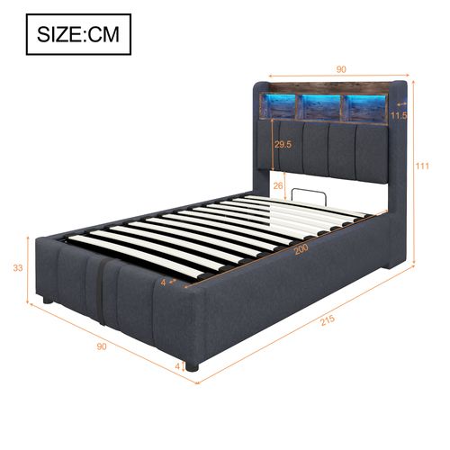 Lit Coffre Simple 90x200 Cm - Avec LED Et Port USB Intégré, Rangement Sous Le Lit, Tissu Lin Gris