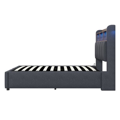 Lit Coffre Simple 90x200 Cm - Avec LED Et Port USB Intégré, Rangement Sous Le Lit, Tissu Lin Gris