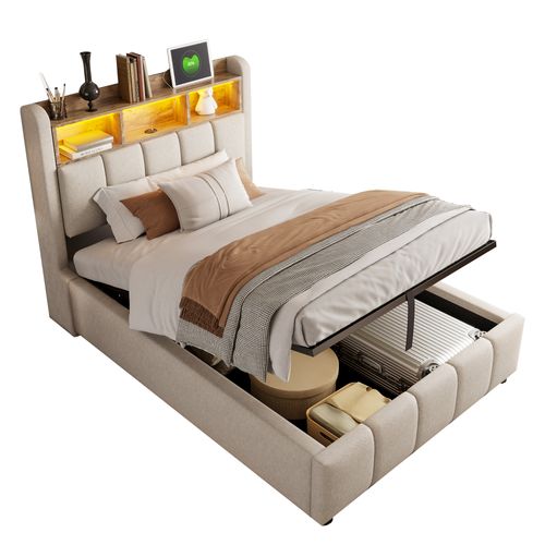 Lit Coffre Simple 90×200 cm, Capitonné Ado, Rangement Hydraulique, Tête De Lit LED, Lin Beige