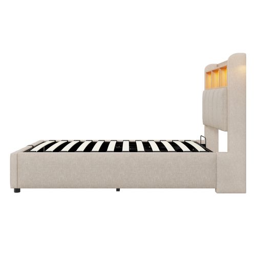 Lit Coffre Simple 90×200 cm, Capitonné Ado, Rangement Hydraulique, Tête De Lit LED, Lin Beige