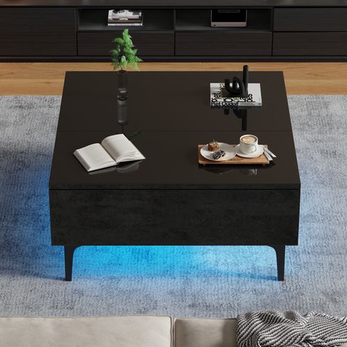 Table Basse De Salon, Plateau Relevable Et LED Intégrée - Rangement Caché, Mdf Haut Brillant, Noir
