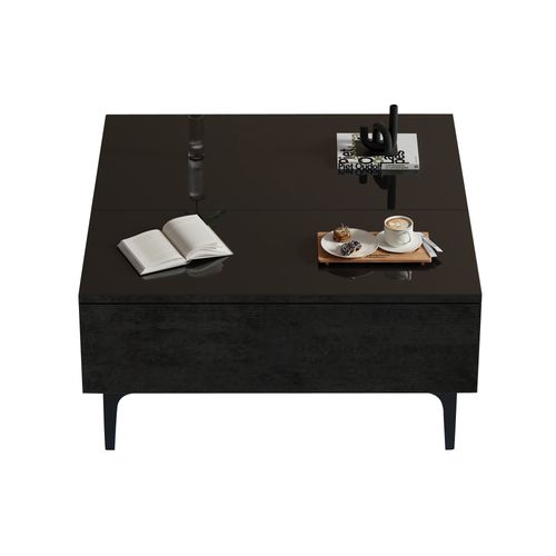 Table Basse De Salon, Plateau Relevable Et LED Intégrée - Rangement Caché, Mdf Haut Brillant, Noir