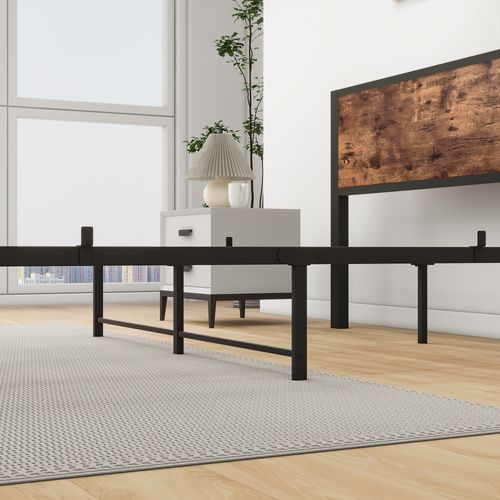 Lit Double Ado 140x200 Cm - Lit Avec Tête De Lit, Rangement, Solide Et Silencieux, Métal, Marron