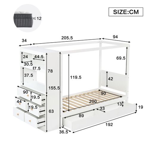 Lit Simple Enfant 90x200 Cm Avec 5 Tiroirs, Rangement, Barrière De Sécurité, Bois Blanc Et Naturel