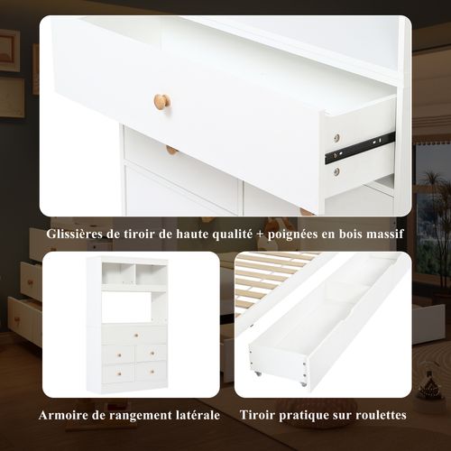 Lit Simple Enfant 90x200 Cm Avec 5 Tiroirs, Rangement, Barrière De Sécurité, Bois Blanc Et Naturel