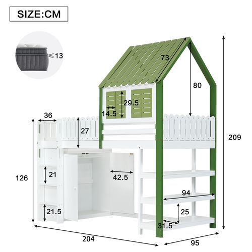 Lit Mezzanine Simple 90x200 Cm - Protection Et Étagère De Rangement, Bois Pin Et Mdf, Blanc Et Vert