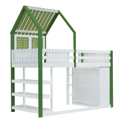 Lit Mezzanine Simple 90x200 Cm - Protection Et Étagère De Rangement, Bois Pin Et Mdf, Blanc Et Vert