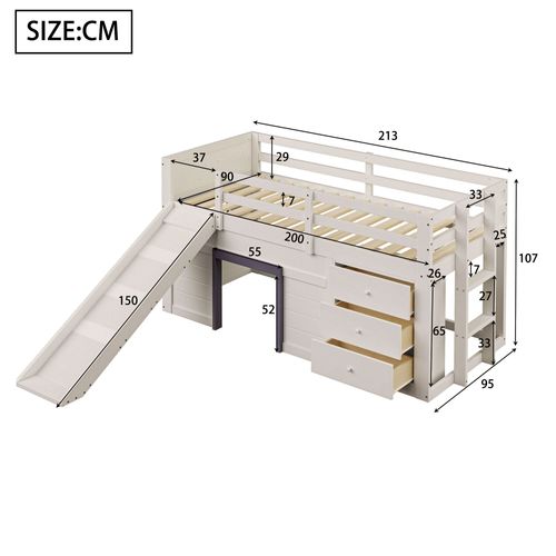 Lit Mezzanine 90x200 Cm - Lit Avec Rangement Et Toboggan - Mdf Et Pin - Crème