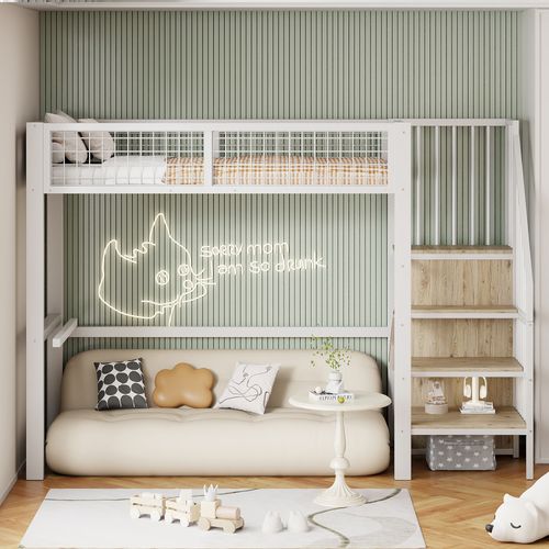 Lit Mezzanine Enfant 90x200 Cm - Rangement, Étagères Et Armoire, Échelle Sécurisée, Métal Blanc