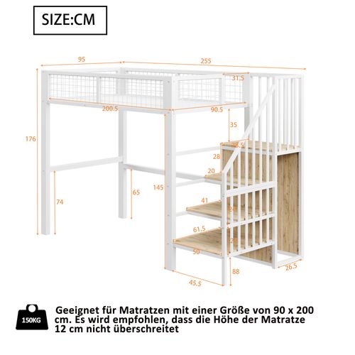 Lit Mezzanine Enfant 90x200 Cm - Rangement, Étagères Et Armoire, Échelle Sécurisée, Métal Blanc