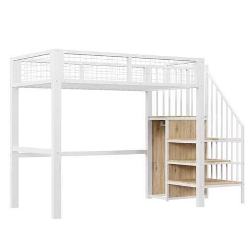 Lit Mezzanine Enfant 90x200 Cm - Rangement, Étagères Et Armoire, Échelle Sécurisée, Métal Blanc