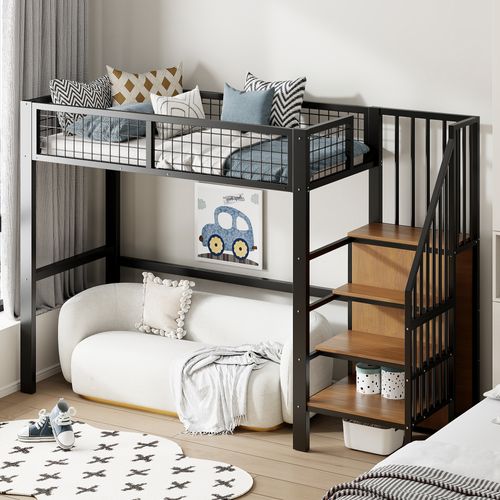 Lit Mezzanine Enfant 90x200 Avec Bureau, LED Et Rangements - Noir/Blanc - Métal Et MDF - Idéal Pour Gagner De L'espace