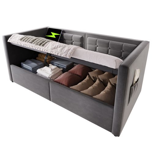 Lit Banquette Coffre 90x190 Cm - Rangement Hydraulique, Recharge USB/type-c, Velours, Gris