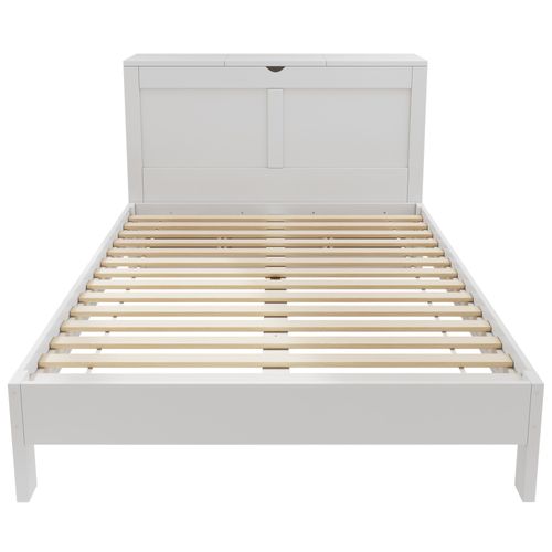 Lit Double 140x200 Cm Avec Rangement Bois, Tête De Lit Et 2 Tables De Chevet Coulissantes Blanc