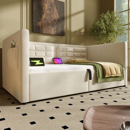 Lit Banquette 90x200 Cm - Lit Coffre Hydraulique Avec Rangement, Port USB Et Type-c, Velours Beige