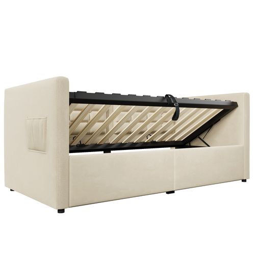 Lit Banquette 90x200 Cm - Lit Coffre Hydraulique Avec Rangement, Port USB Et Type-c, Velours Beige