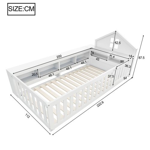 Lit Enfant 90x200 Cm - Toit, Rangement Et Sécurité, Style Cabane Bois, Pin/mdf/contreplaqué, Blanc