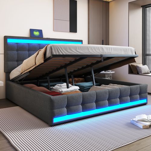 Lit Coffre Double 180x200 Cm, Tête De Lit Ajustable, Port USB, Éclairage LED, Rangement, Lin Gris
