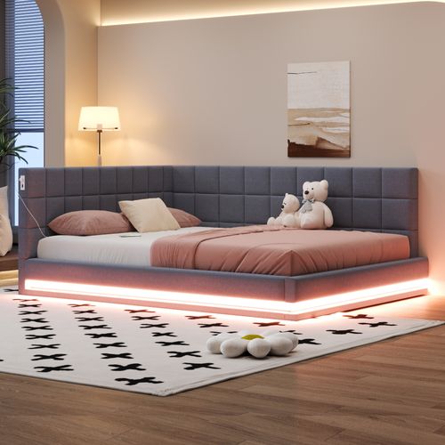 Lit Banquette 160x200 Cm - Lit Double Avec Rangement Et LED - Dossier Rembourré En Tissu - Gris