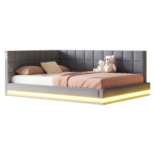 Lit Banquette 160x200 Cm - Lit Double Avec Rangement Et LED - Dossier Rembourré En Tissu - Gris