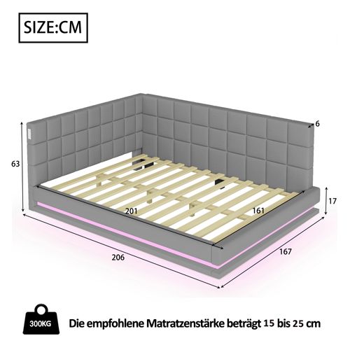 Lit Banquette 160x200 Cm - Lit Double Avec Rangement Et LED - Dossier Rembourré En Tissu - Gris